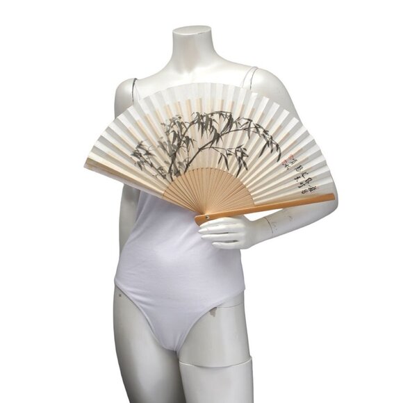 Vintage Japanese Bamboo Folding Hand Fan Paper Wood Watercolour Paint Cream Tan - Picture 3 of 11